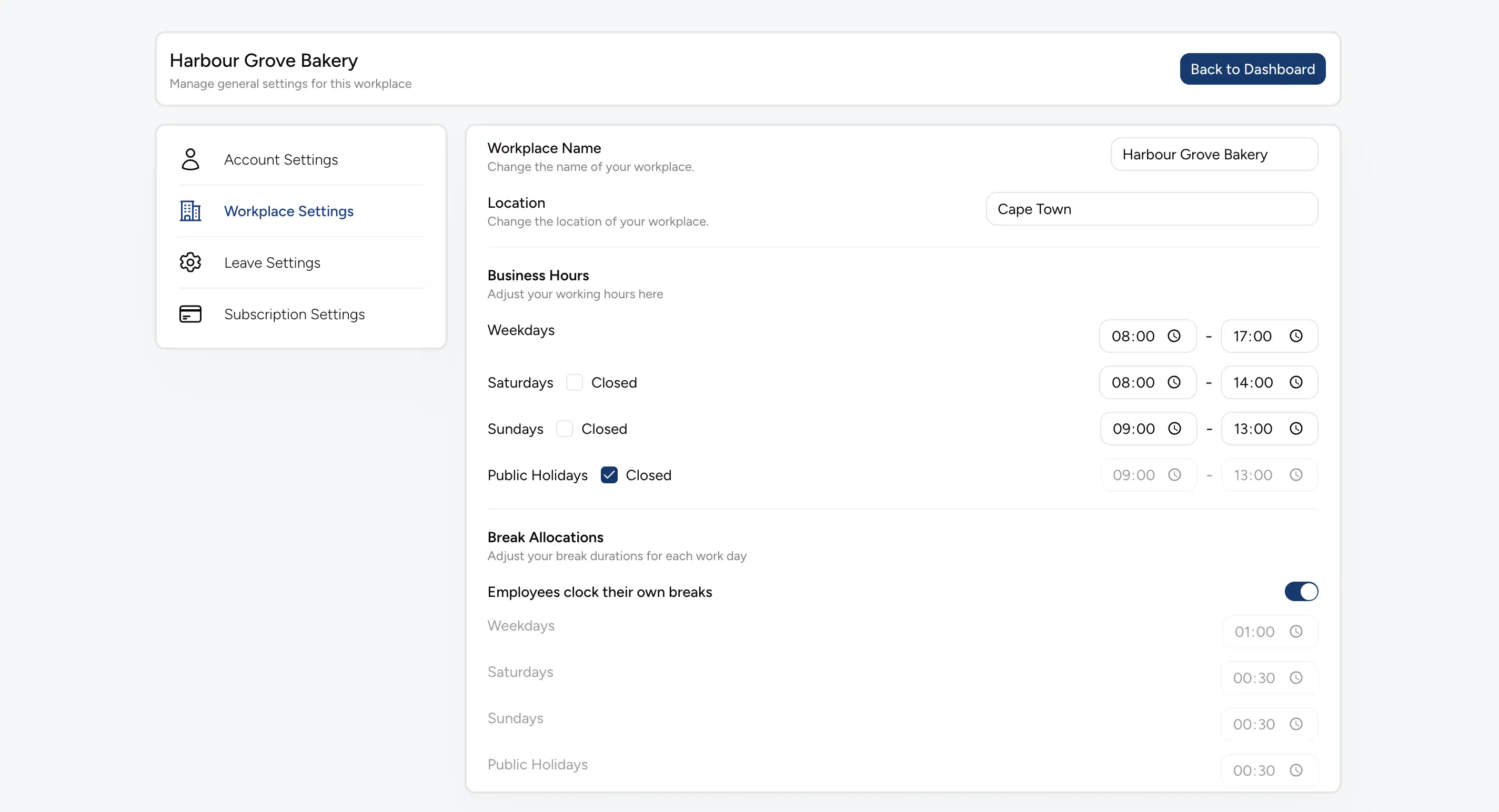 Workplace settings page with workplace name, location, business hours per day, public holidays closed checkbox and break allocations