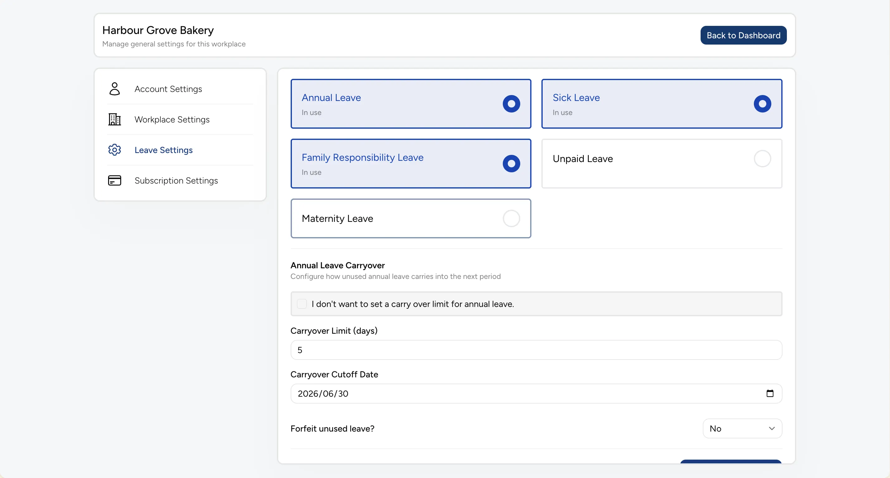 Leave settings page with a grid of leave types toggled in use and an annual leave carryover configuration with limit, cutoff date and forfeit option
