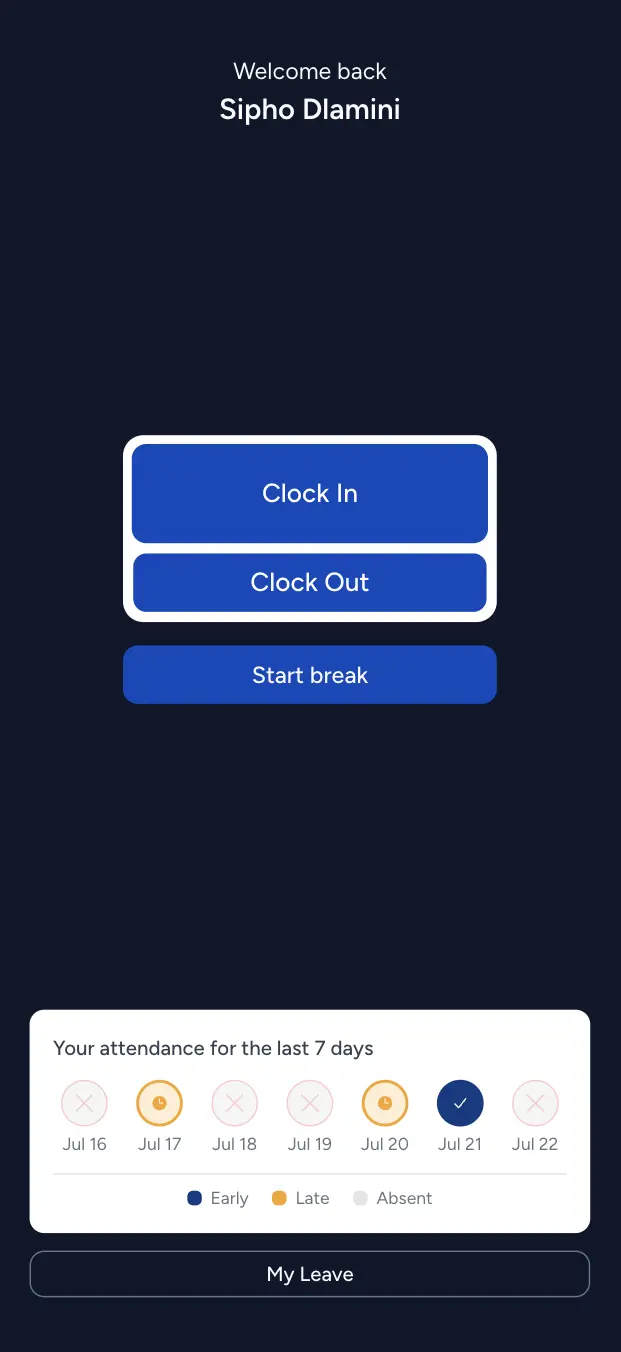 Employee mobile app with clock in, clock out, break and a 7-day attendance summary